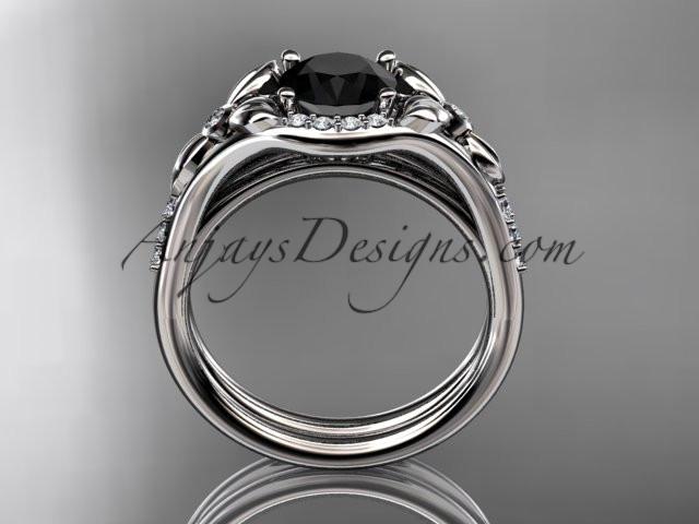 platinum diamond floral wedding ring, engagement set with a Black Diamond center stone ADLR126S - AnjaysDesigns