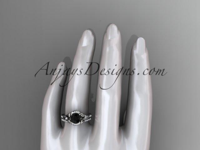 14kt white gold diamond floral wedding ring, engagement set with a Black Diamond center stone ADLR126S - AnjaysDesigns