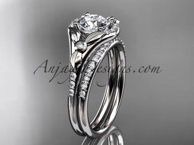 14kt white gold diamond floral wedding ring, engagement set with a "Forever One" Moissanite center stone ADLR126S - AnjaysDesigns
