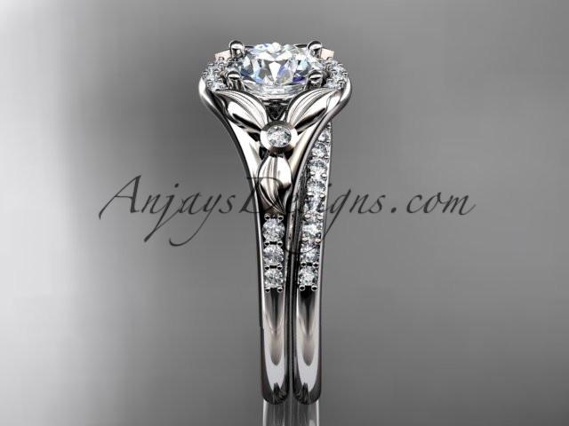 platinum diamond floral wedding ring, engagement set with a "Forever One" Moissanite center stone ADLR126S - AnjaysDesigns