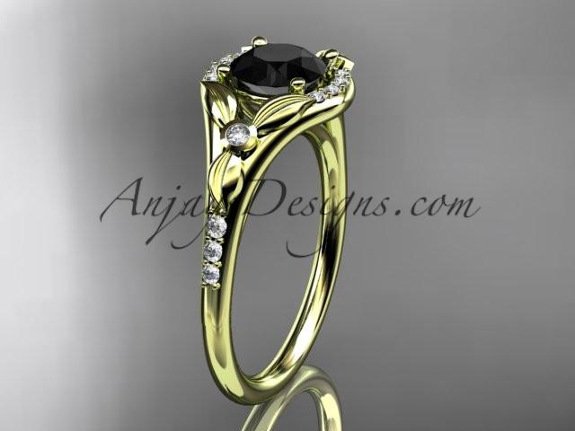 14kt yellow gold diamond floral wedding ring, engagement ring with a Black Diamond center stone ADLR126 - AnjaysDesigns