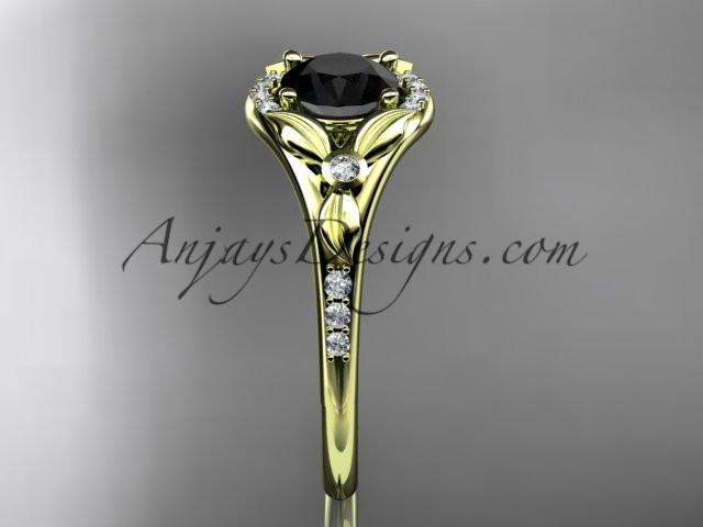 14kt yellow gold diamond floral wedding ring, engagement ring with a Black Diamond center stone ADLR126 - AnjaysDesigns