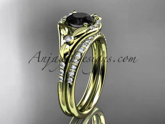 14kt yellow gold diamond floral wedding ring, engagement set with a Black Diamond center stone ADLR126S - AnjaysDesigns