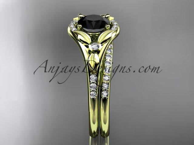 14kt yellow gold diamond floral wedding ring, engagement set with a Black Diamond center stone ADLR126S - AnjaysDesigns