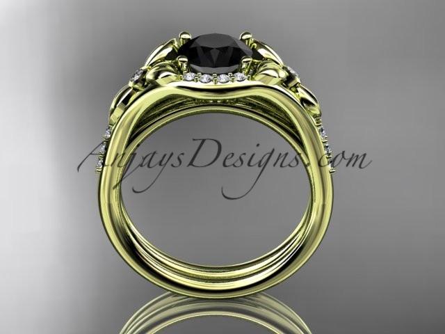 14kt yellow gold diamond floral wedding ring, engagement set with a Black Diamond center stone ADLR126S - AnjaysDesigns