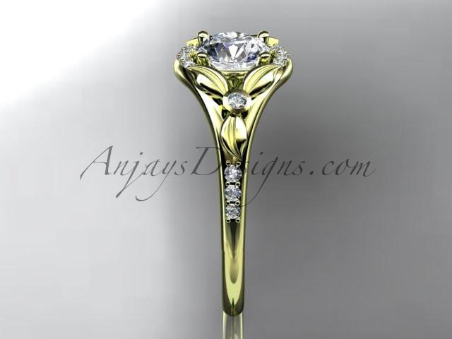 14kt yellow gold diamond floral wedding ring, engagement ring with a "Forever One" Moissanite center stone ADLR126 - AnjaysDesigns