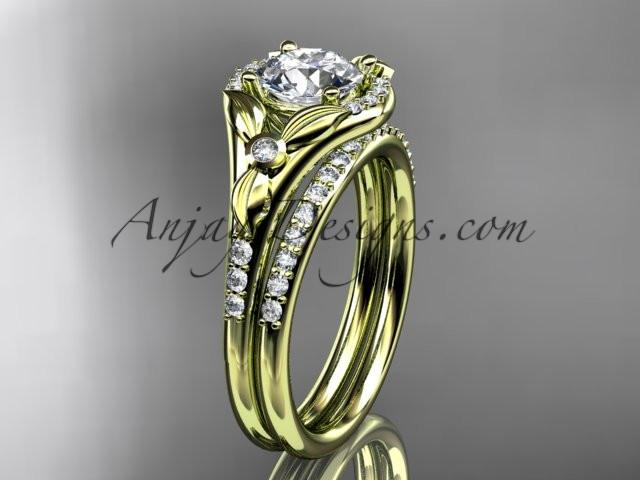 14kt yellow gold diamond floral wedding ring, engagement set with a "Forever One" Moissanite center stone ADLR126S - AnjaysDesigns