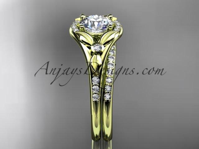 14kt yellow gold diamond floral wedding ring, engagement set with a "Forever One" Moissanite center stone ADLR126S - AnjaysDesigns