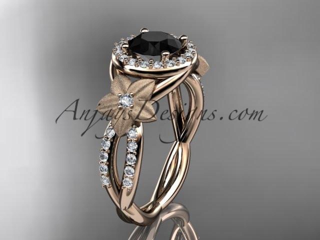 14kt rose gold diamond floral wedding ring, engagement ring with a Black Diamond center stone ADLR127 - AnjaysDesigns