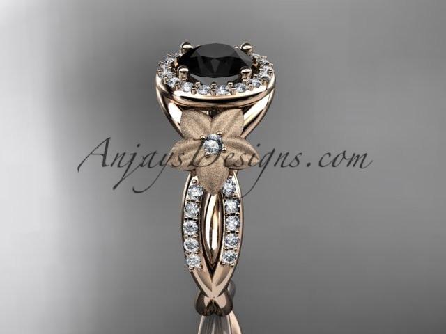 14kt rose gold diamond floral wedding ring, engagement ring with a Black Diamond center stone ADLR127 - AnjaysDesigns