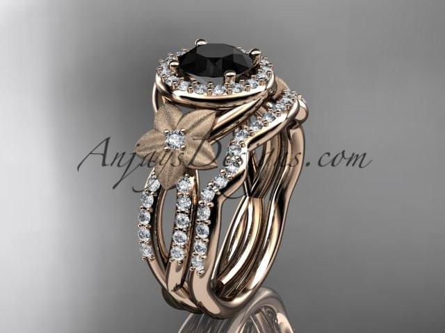 14kt rose gold diamond floral wedding ring, engagement set with a Black Diamond center stone ADLR127S - AnjaysDesigns