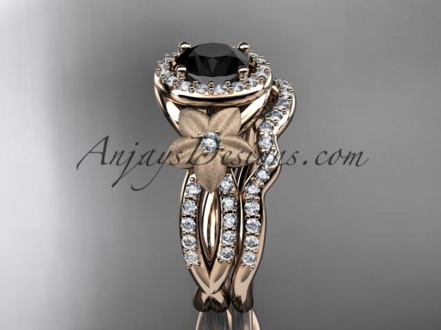 14kt rose gold diamond floral wedding ring, engagement set with a Black Diamond center stone ADLR127S - AnjaysDesigns