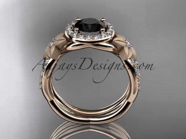 14kt rose gold diamond floral wedding ring, engagement set with a Black Diamond center stone ADLR127S - AnjaysDesigns