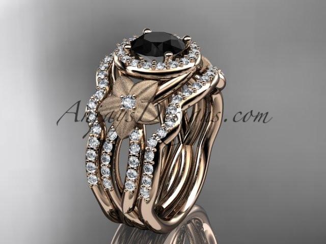 14kt rose gold diamond floral wedding ring, engagement ring with a Black Diamond center stone and double matching band ADLR127S - AnjaysDesigns