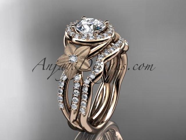 14kt rose gold diamond floral wedding ring, engagement set with a "Forever One" Moissanite center stone ADLR127S - AnjaysDesigns