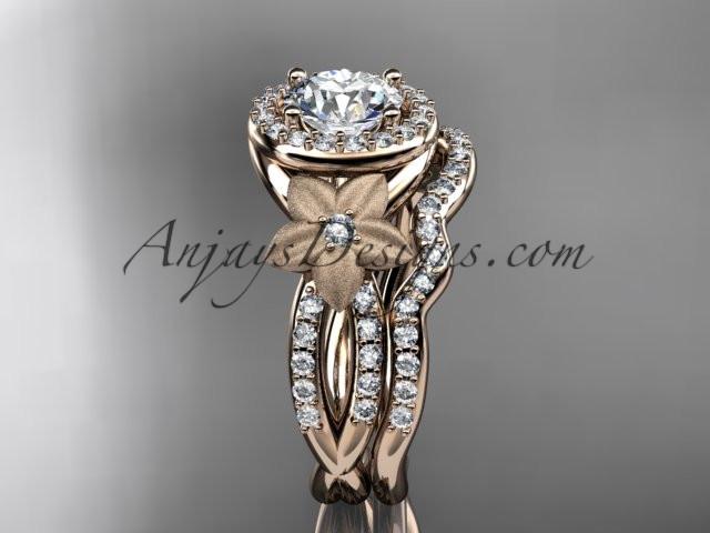 14kt rose gold diamond floral wedding ring, engagement set with a "Forever One" Moissanite center stone ADLR127S - AnjaysDesigns