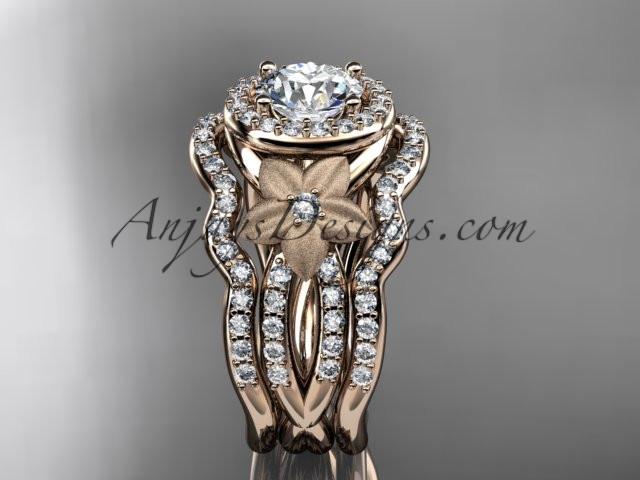 14kt rose gold diamond floral wedding ring, engagement ring with a double matching band ADLR127S - AnjaysDesigns