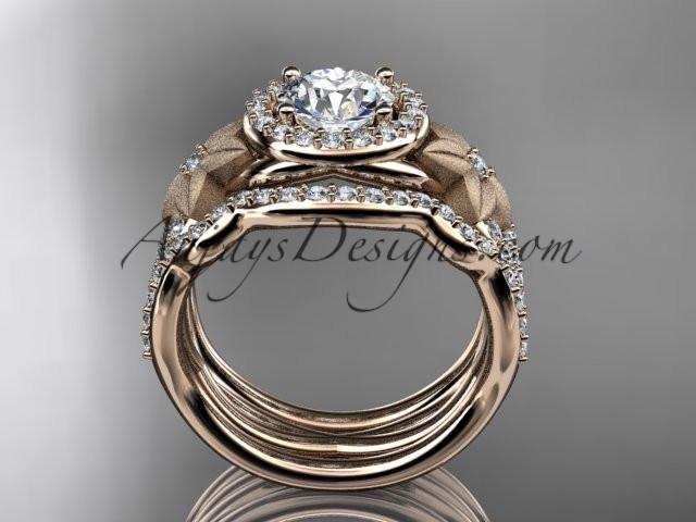 14kt rose gold diamond floral wedding ring, engagement ring with a double matching band ADLR127S - AnjaysDesigns