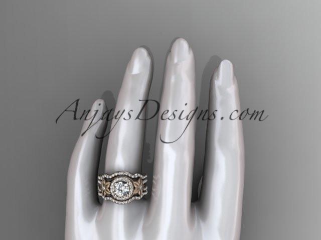 14kt rose gold diamond floral wedding ring, engagement ring with a double matching band ADLR127S - AnjaysDesigns