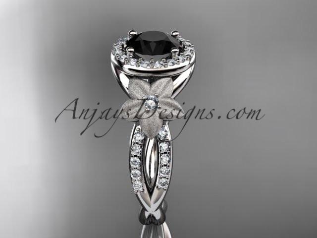 platinum diamond floral wedding ring, engagement ring with a Black Diamond center stone ADLR127 - AnjaysDesigns