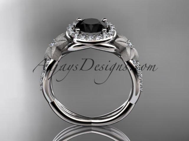 platinum diamond floral wedding ring, engagement ring with a Black Diamond center stone ADLR127 - AnjaysDesigns