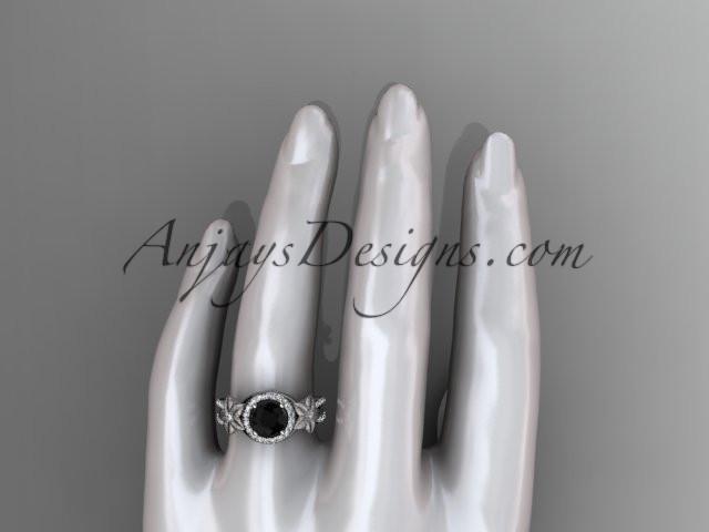 platinum diamond floral wedding ring, engagement ring with a Black Diamond center stone ADLR127 - AnjaysDesigns
