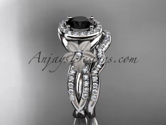 14kt white gold diamond floral wedding ring, engagement set with a Black Diamond center stone ADLR127S - AnjaysDesigns