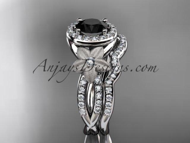 platinum diamond floral wedding ring, engagement set with a Black Diamond center stone ADLR127S - AnjaysDesigns