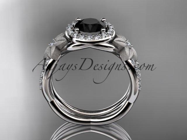 14kt white gold diamond floral wedding ring, engagement set with a Black Diamond center stone ADLR127S - AnjaysDesigns