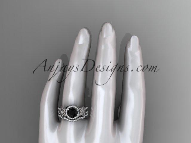 platinum diamond floral wedding ring, engagement set with a Black Diamond center stone ADLR127S - AnjaysDesigns