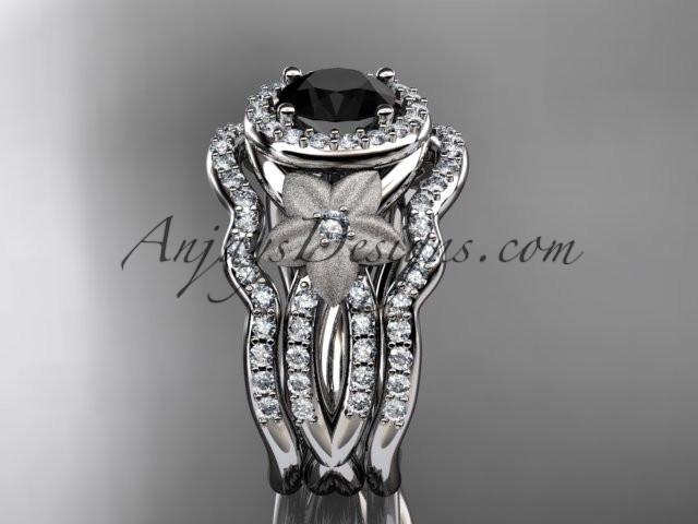 14kt white gold diamond floral wedding ring, engagement ring with a Black Diamond center stone and double matching band ADLR127S - AnjaysDesigns
