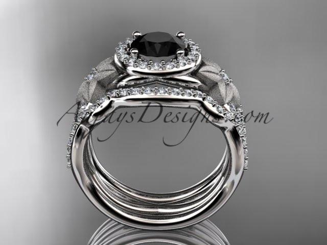 14kt white gold diamond floral wedding ring, engagement ring with a Black Diamond center stone and double matching band ADLR127S - AnjaysDesigns