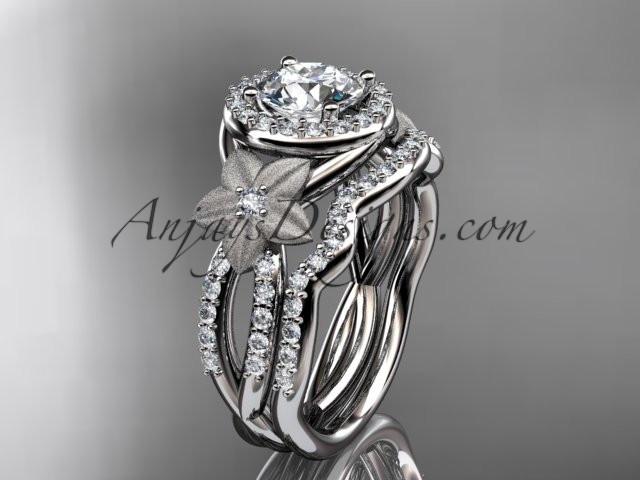 14kt white gold diamond floral wedding ring, engagement set with a "Forever One" Moissanite center stone ADLR127S - AnjaysDesigns