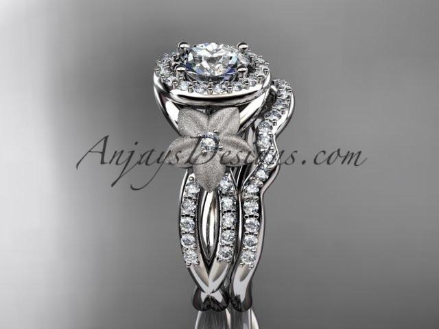 platinum diamond floral wedding ring, engagement set with a "Forever One" Moissanite center stone ADLR127S - AnjaysDesigns