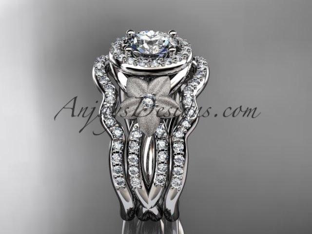 platinum diamond floral wedding ring, engagement ring with a double matching band ADLR127S - AnjaysDesigns