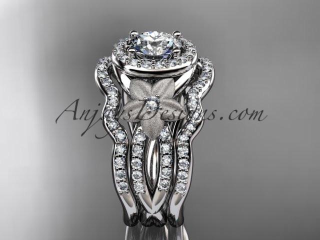 platinum diamond floral wedding ring, engagement ring with a "Forever One" Moissanite center stone and double matching band ADLR127S - AnjaysDesigns