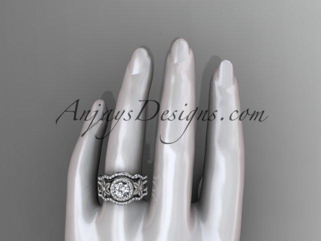 platinum diamond floral wedding ring, engagement ring with a double matching band ADLR127S - AnjaysDesigns