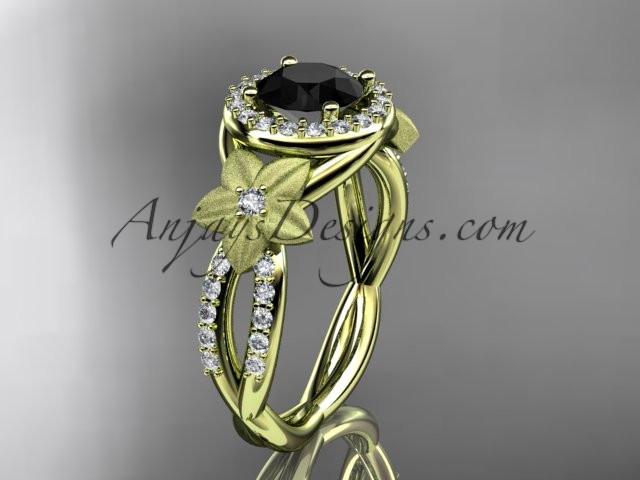 14kt yellow gold diamond floral wedding ring, engagement ring with a Black Diamond center stone ADLR127 - AnjaysDesigns