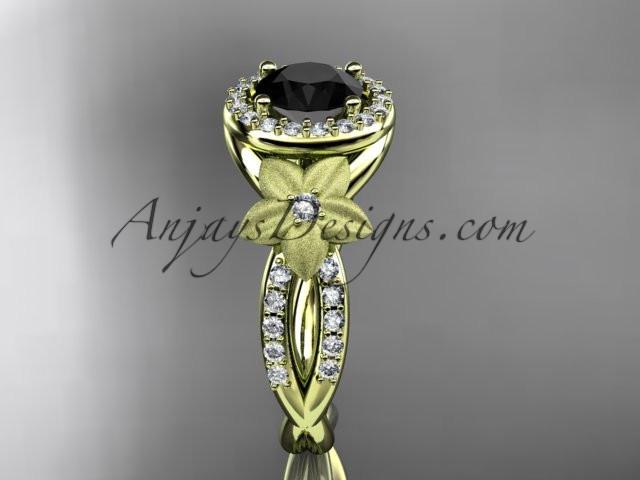 14kt yellow gold diamond floral wedding ring, engagement ring with a Black Diamond center stone ADLR127 - AnjaysDesigns