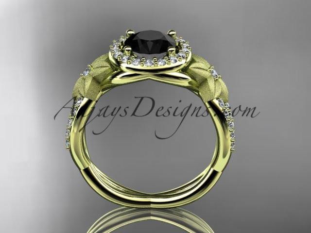 14kt yellow gold diamond floral wedding ring, engagement ring with a Black Diamond center stone ADLR127 - AnjaysDesigns