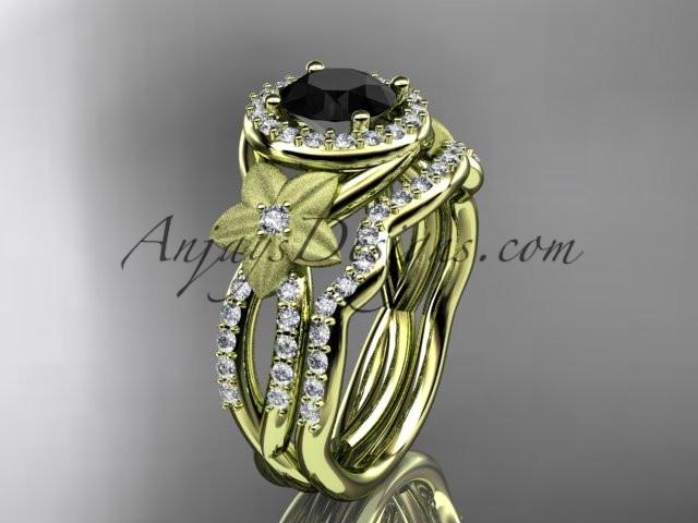 14kt yellow gold diamond floral wedding ring, engagement set with a Black Diamond center stone ADLR127S - AnjaysDesigns