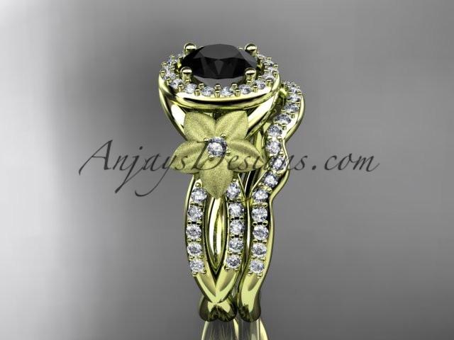 14kt yellow gold diamond floral wedding ring, engagement set with a Black Diamond center stone ADLR127S - AnjaysDesigns