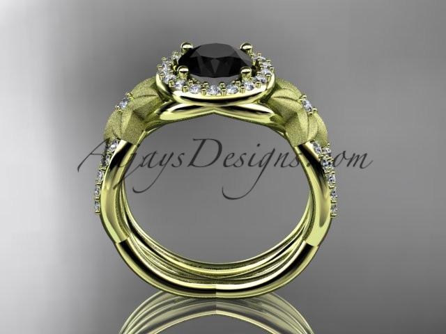 14kt yellow gold diamond floral wedding ring, engagement set with a Black Diamond center stone ADLR127S - AnjaysDesigns