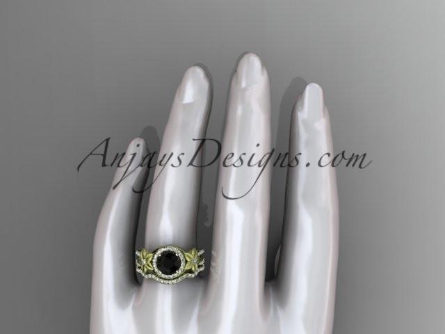 14kt yellow gold diamond floral wedding ring, engagement set with a Black Diamond center stone ADLR127S - AnjaysDesigns