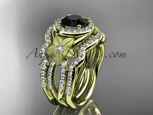 14kt yellow gold diamond floral wedding ring, engagement ring with a Black Diamond center stone and double matching band ADLR127S - AnjaysDesigns