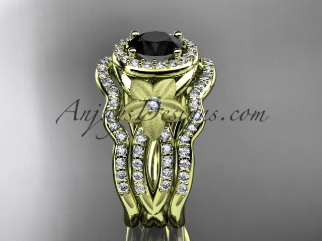 14kt yellow gold diamond floral wedding ring, engagement ring with a Black Diamond center stone and double matching band ADLR127S - AnjaysDesigns