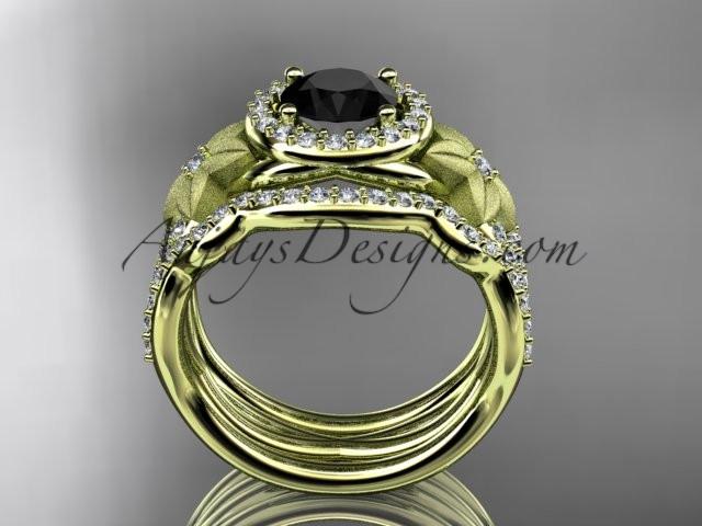 14kt yellow gold diamond floral wedding ring, engagement ring with a Black Diamond center stone and double matching band ADLR127S - AnjaysDesigns