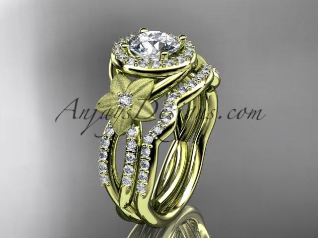 14kt yellow gold diamond floral wedding ring, engagement set with a "Forever One" Moissanite center stone ADLR127S - AnjaysDesigns