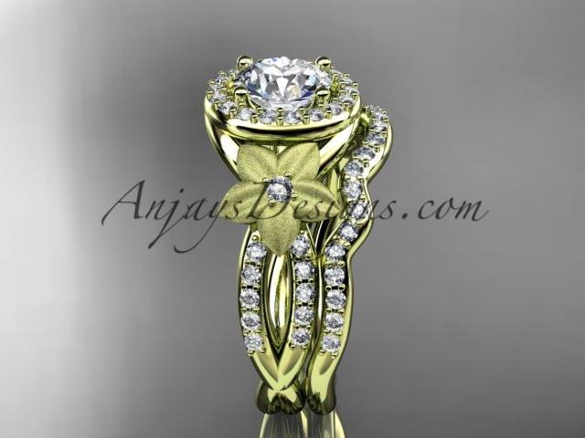 14kt yellow gold diamond floral wedding ring, engagement set with a "Forever One" Moissanite center stone ADLR127S - AnjaysDesigns