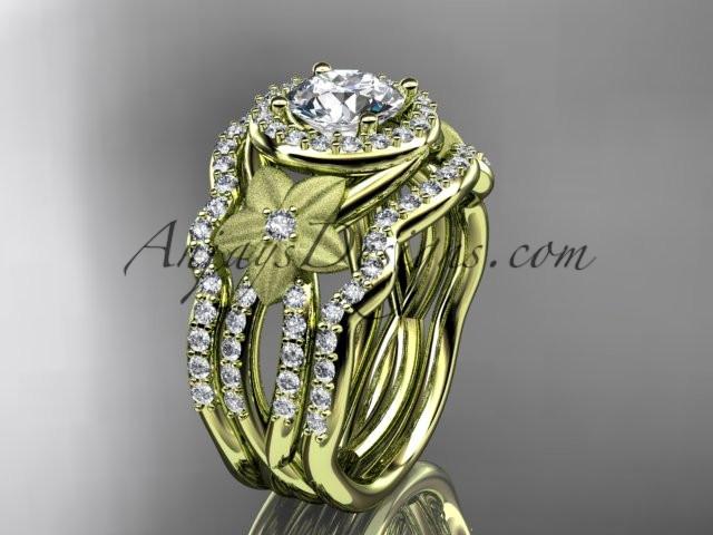 14kt yellow gold diamond floral wedding ring, engagement ring with a double matching band ADLR127S - AnjaysDesigns
